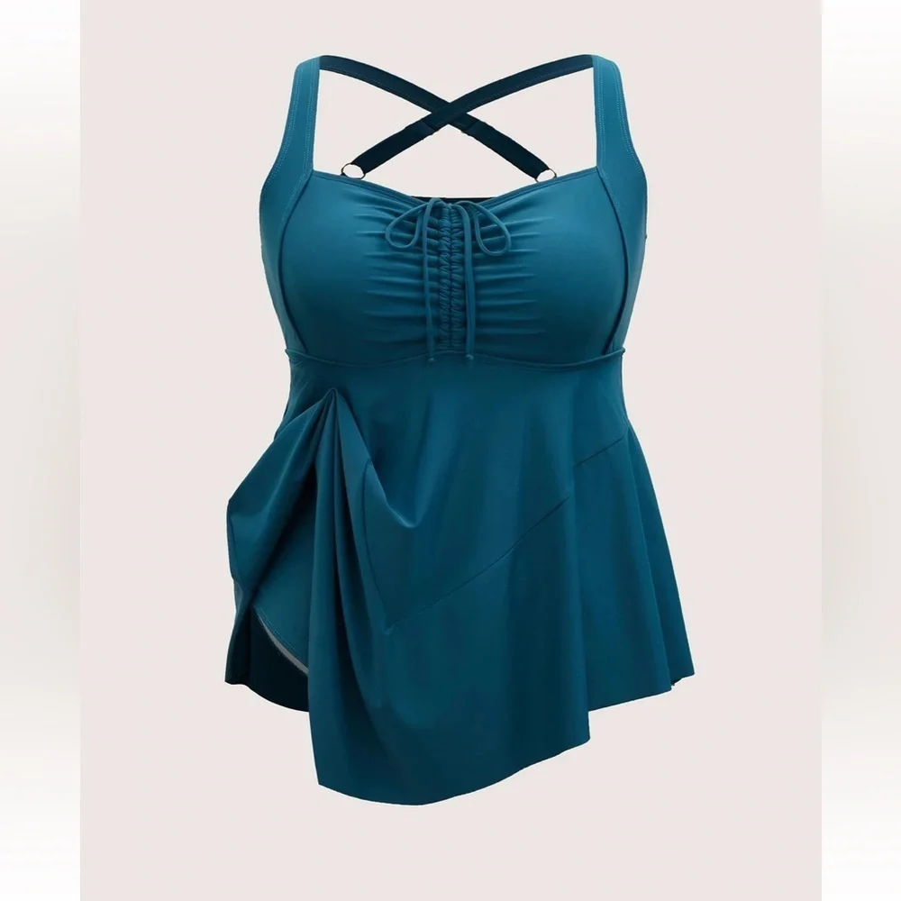 BloomChic Plus Size XL Plain Gathered Adjustable Straps Drawstring Swim Dress - Picture 6 of 8